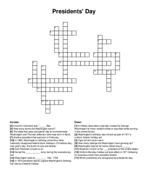 Presidents 39 Day Crossword Puzzle
