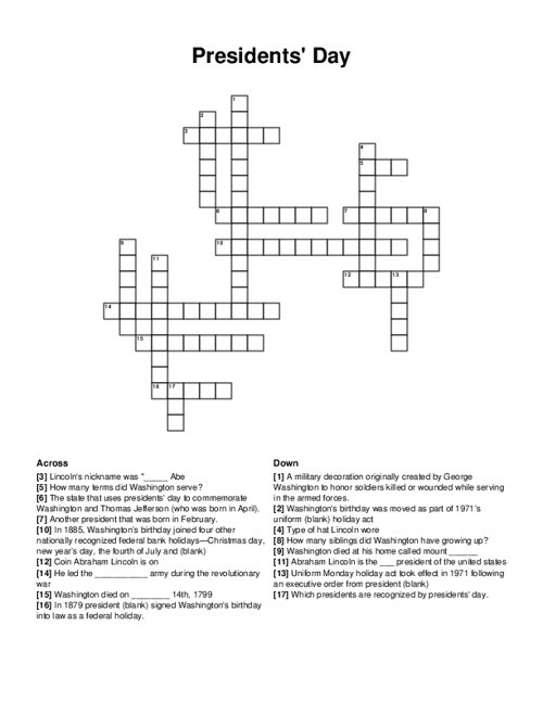 Presidents 39 Day Crossword Puzzle