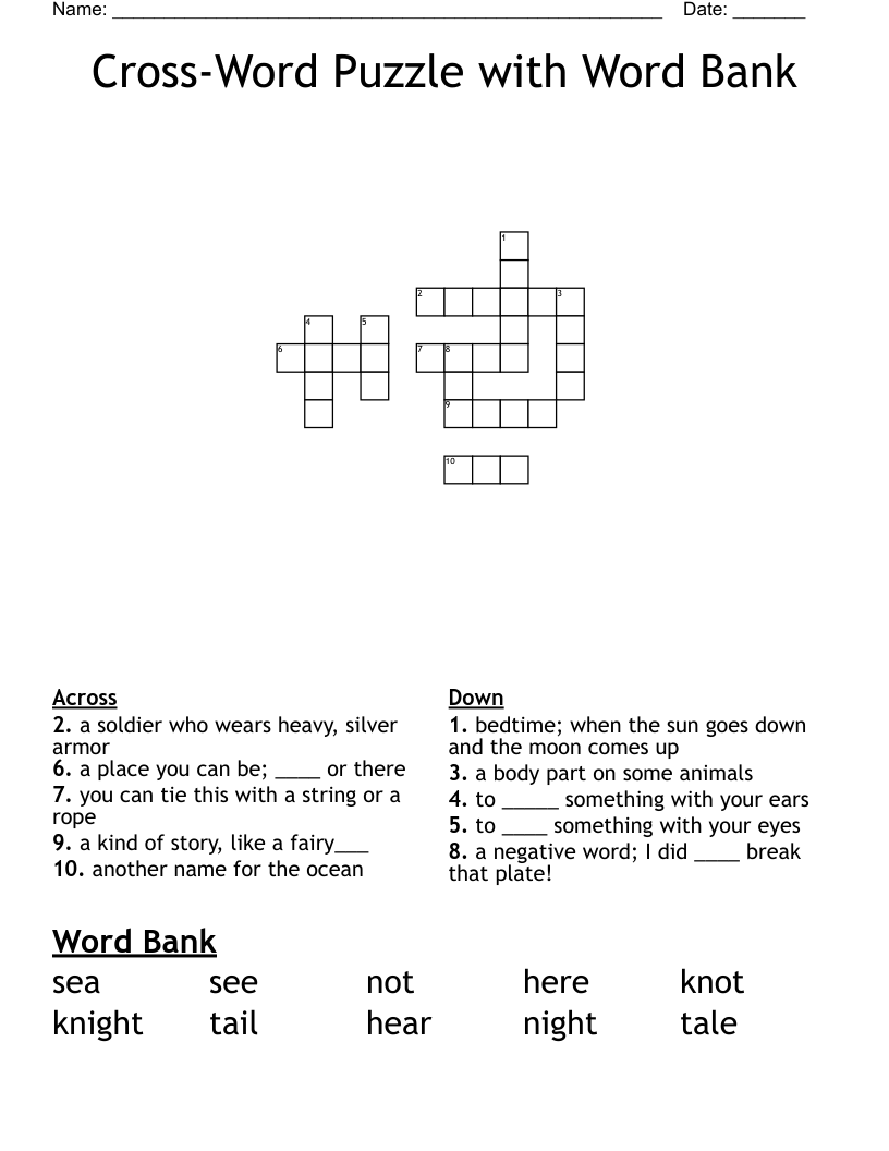 Printable Crossword Puzzles For Kids With Word Bank