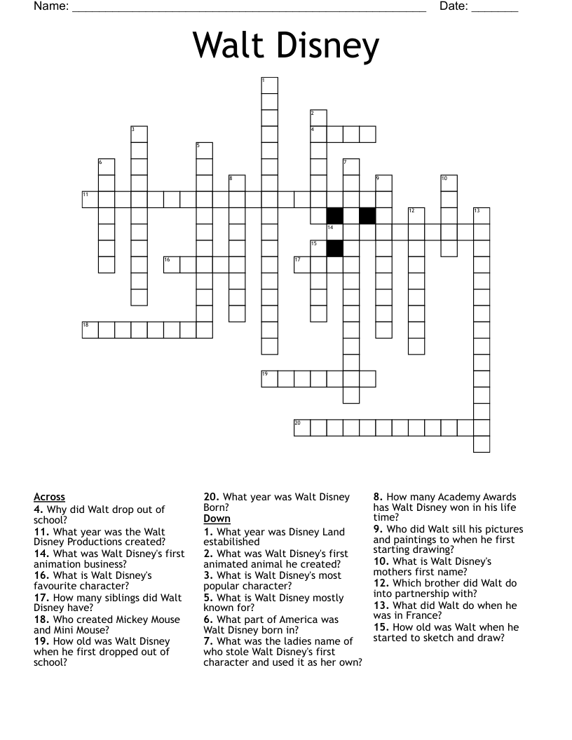 Printable Disney Crossword Puzzles Crossword Puzzles Printable