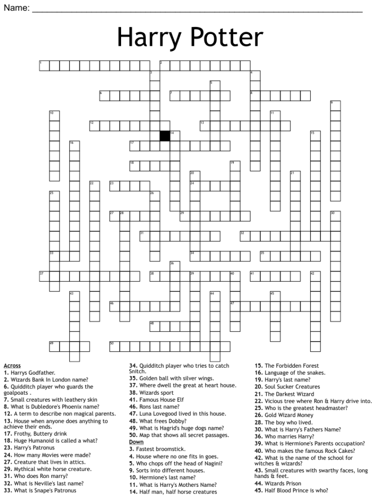 Printable Harry Potter Crossword Puzzle Free Crossword Puzzles Printable