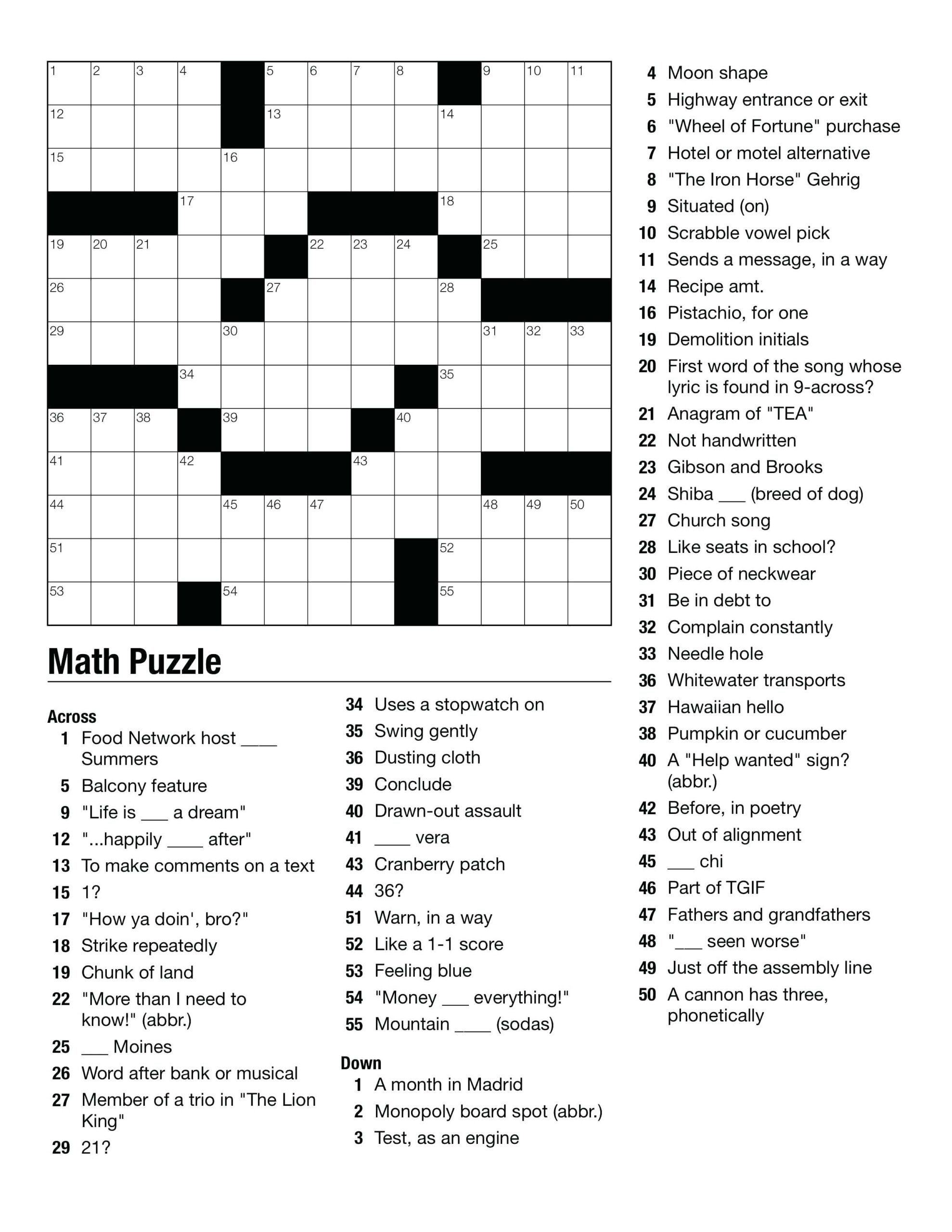 Printable Math Crossword Puzzles