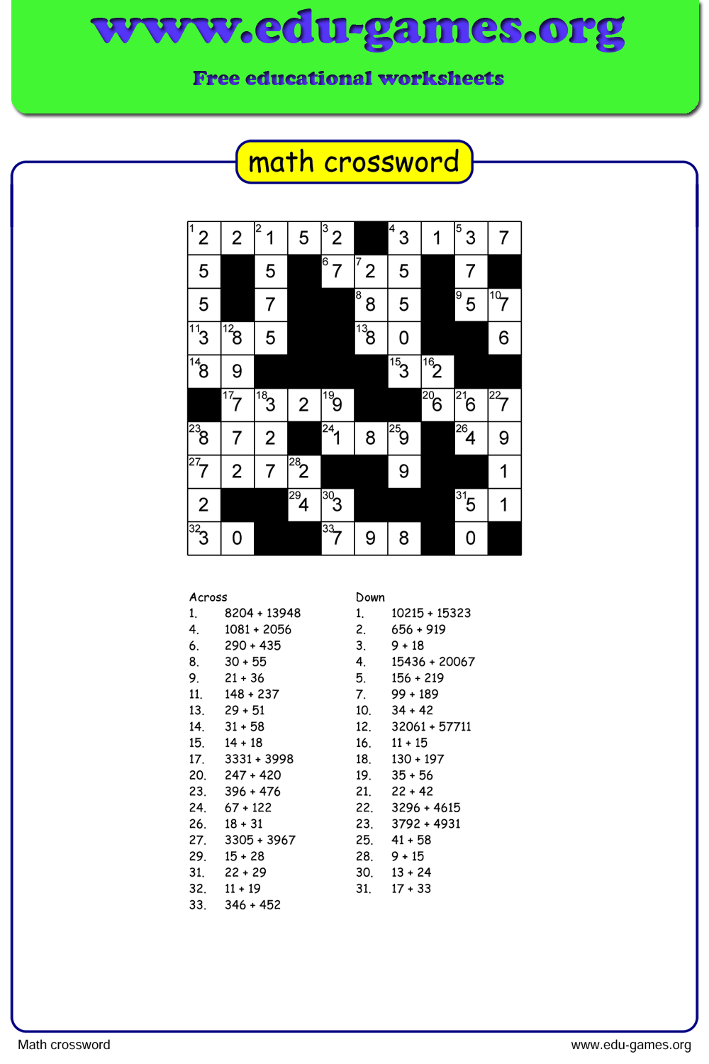 Printable Number Crossword Puzzles