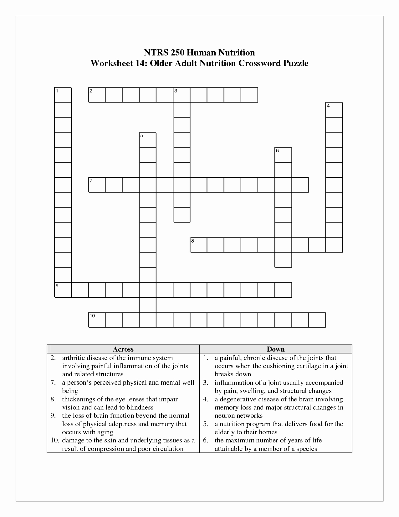 Printable Nutrition Crossword Puzzle Printable Crossword Puzzles