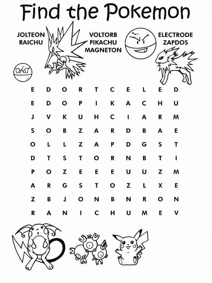 Printable Pokemon Crossword Puzzle Color Pages Coloring Book 