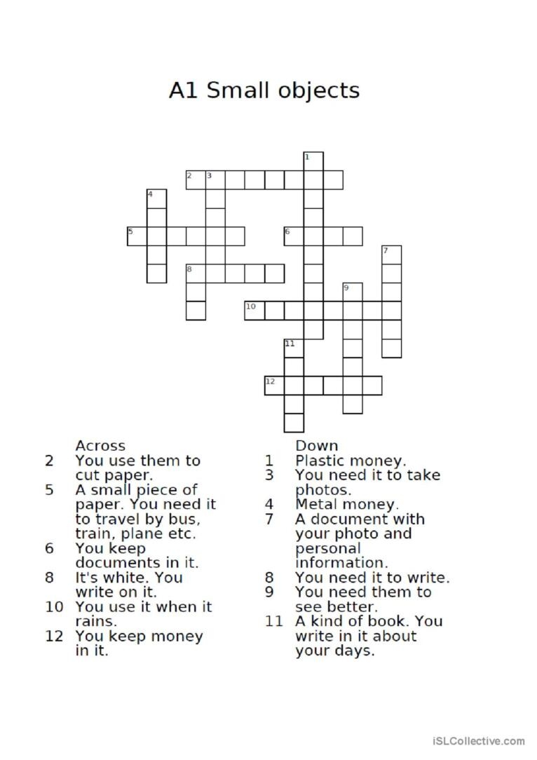 Small Objects Crossword Puzzle English ESL Worksheets Pdf Doc