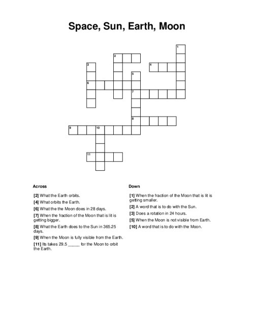 Space Sun Earth Moon Crossword Puzzle