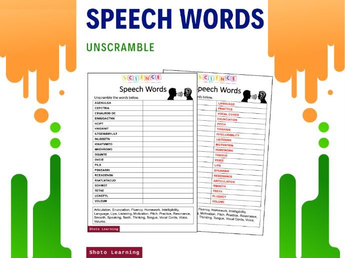 SPEECH WORDS SCIENCE ACTIVITY UNSCRAMBLE WORDS SCRAMBLE VOCABULARY 