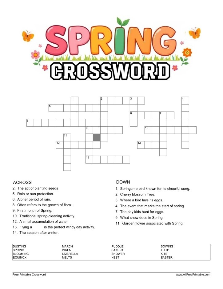Spring Season Crossword Free Printable