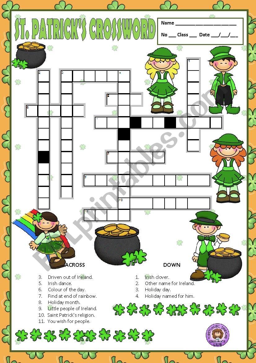 St Patrick 39 s Day Crossword Puzzle Printable Printable Word Searches
