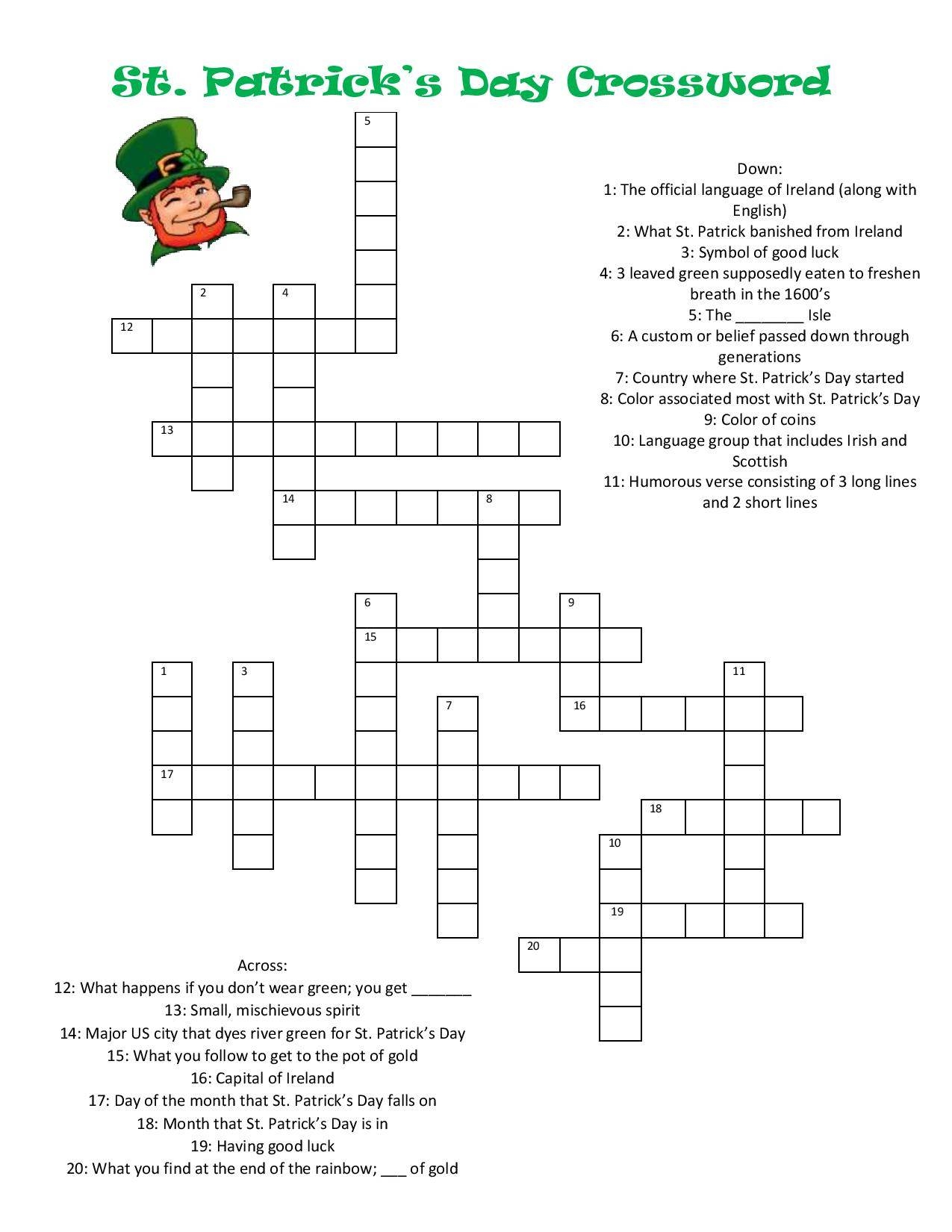 St Patrick 39 s Day Crossword Puzzle Printable Printable Word Searches