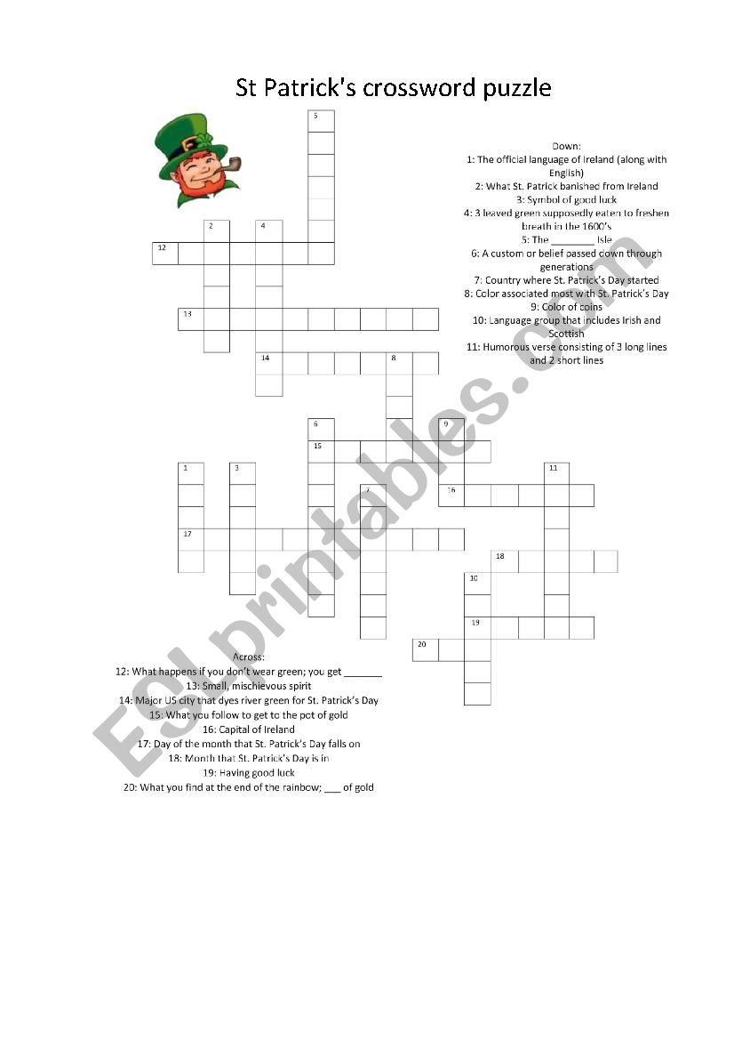 St Patrick s Crossword Puzzle ESL Worksheet By Mart0vskaya