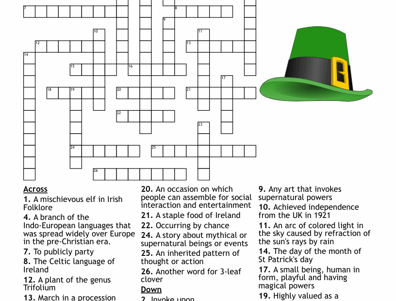 St Patrick S Day Crossword Puzzle Printable For Adults Free Printable