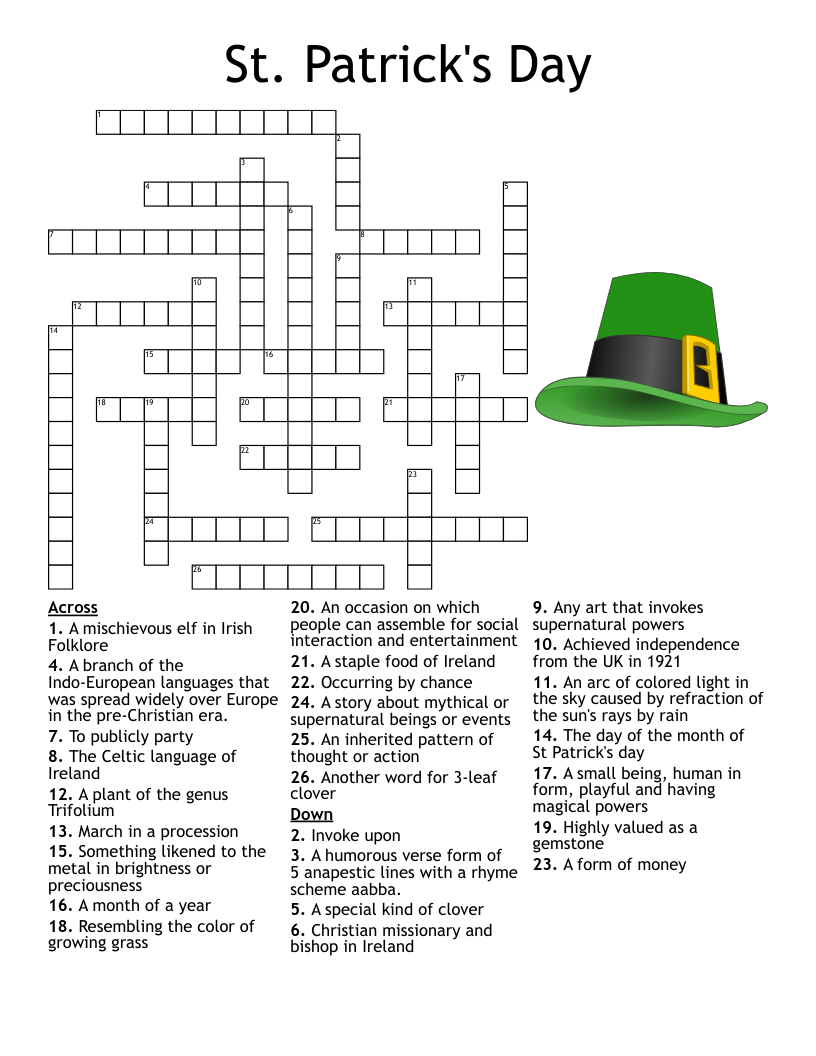 St Patrick S Day Crossword Puzzle Printable For Adults Free Printable 