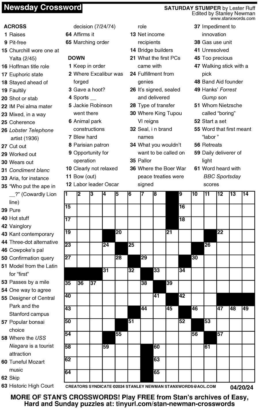 Stanley Newman Printable Crossword Puzzles A Mind Sharpening Adventure 