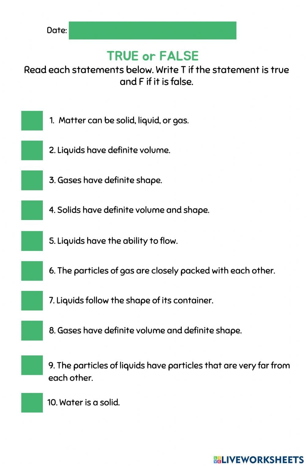States Of Matter True Or False Worksheet
