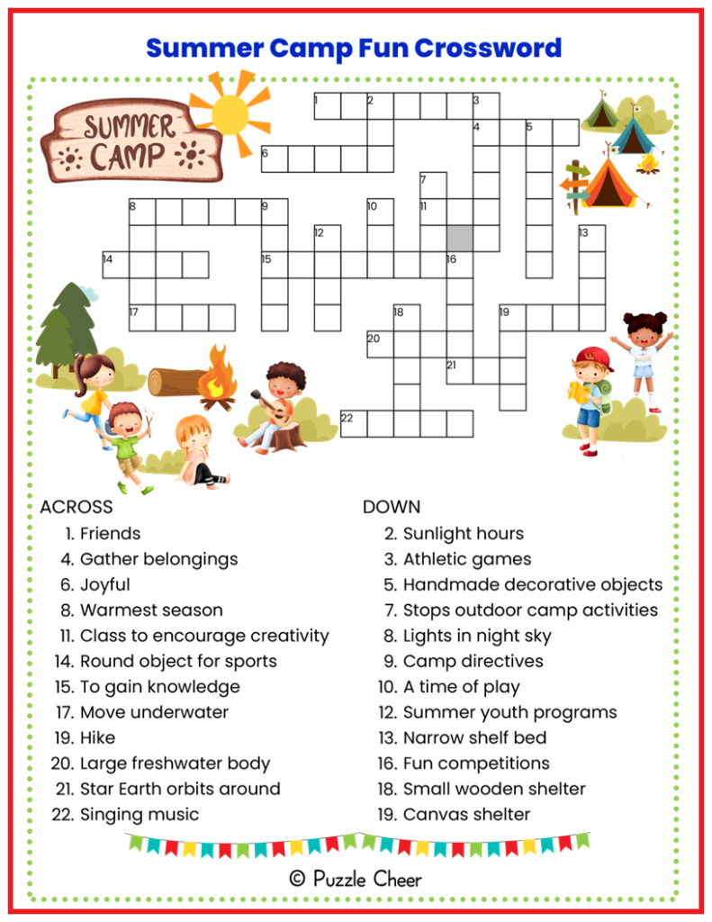 Summer Camp Crossword Puzzle For Kids Puzzle Cheer