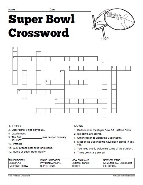 Super Bowl Crossword Free Printable