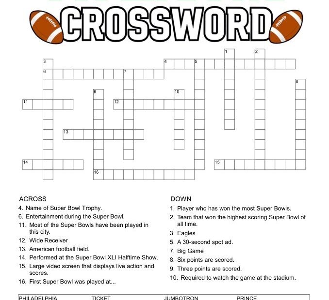 Super Bowl Crossword Puzzle Free Printable
