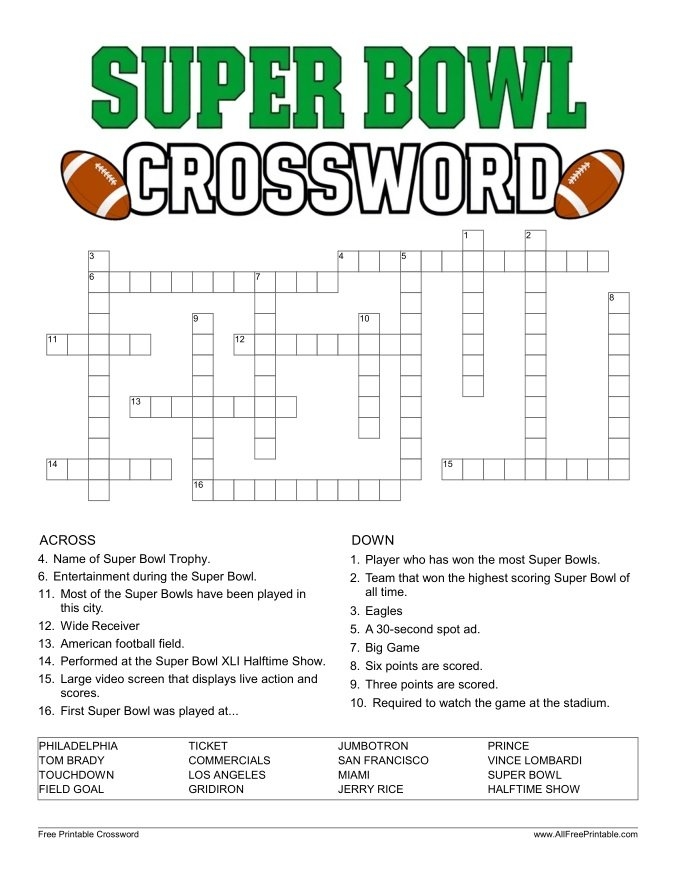 Super Bowl Crossword Puzzle Free Printable