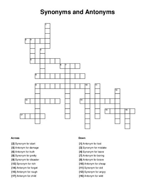 Synonym Crossword Puzzle Worksheets Worksheets For Kindergarten