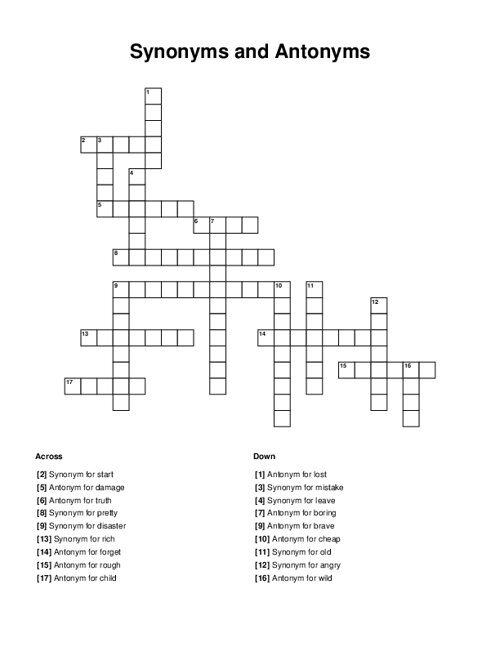 Synonyms And Antonyms Crossword Puzzle