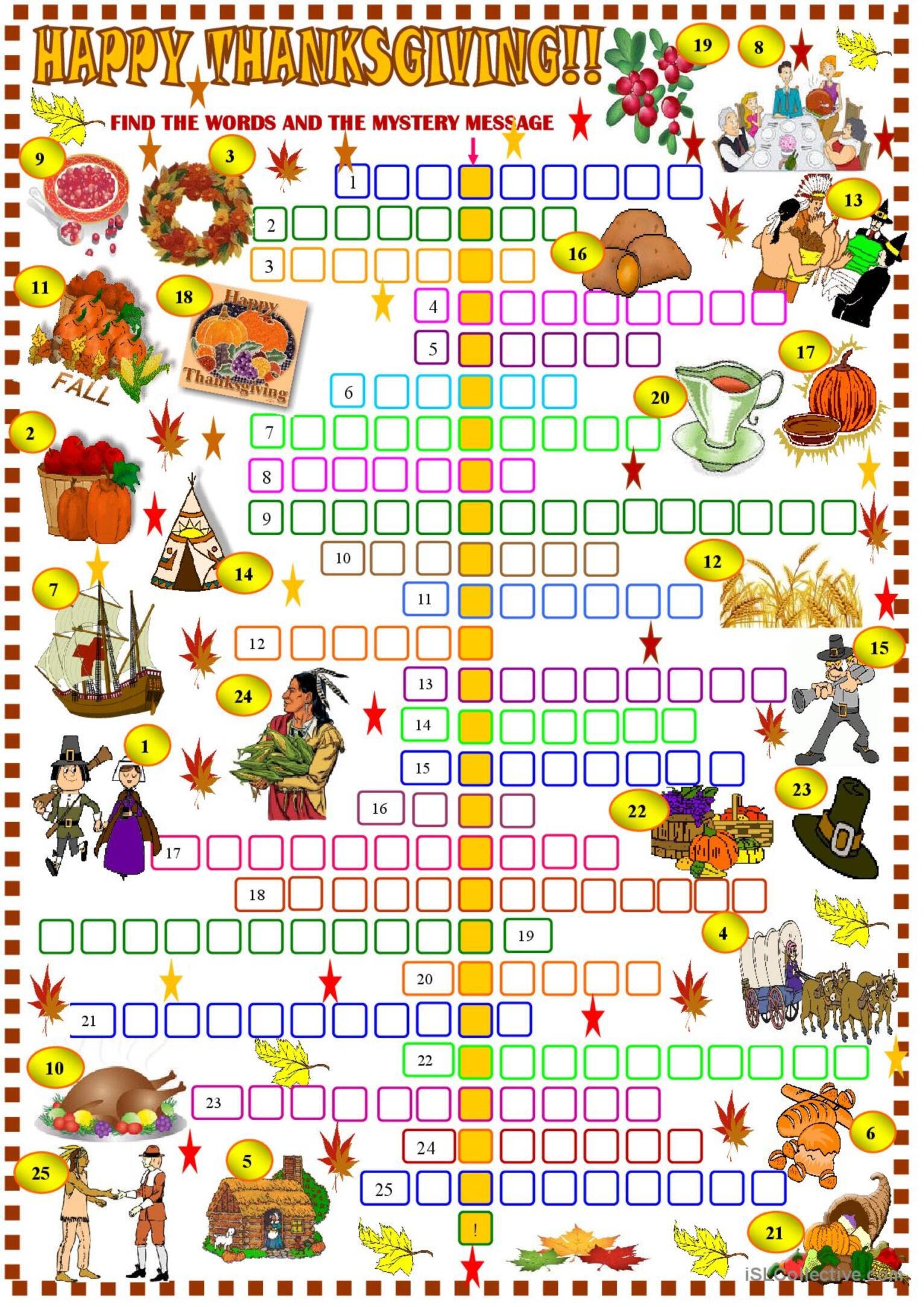 Thanksgiving Crossword Puzzl English ESL Worksheets Pdf Doc
