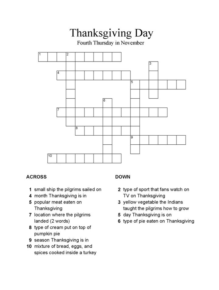 Thanksgiving Crossword Puzzle Best Coloring Pages For Kids