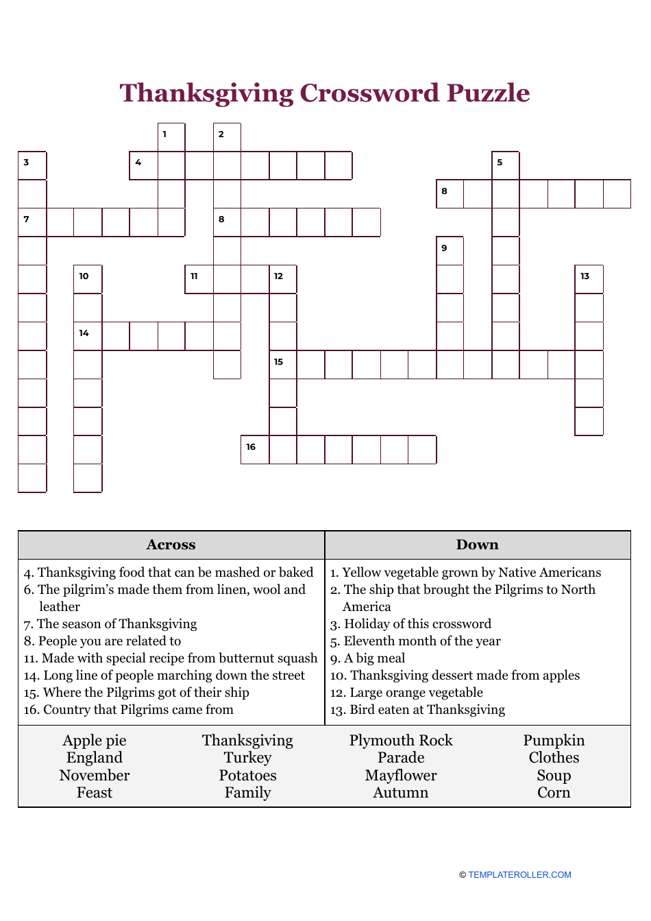 Thanksgiving Crossword Puzzle Violet Download Printable PDF 