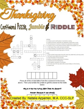 Thanksgiving Themed Crossword Puzzle Jumble And Riddle Activity Game