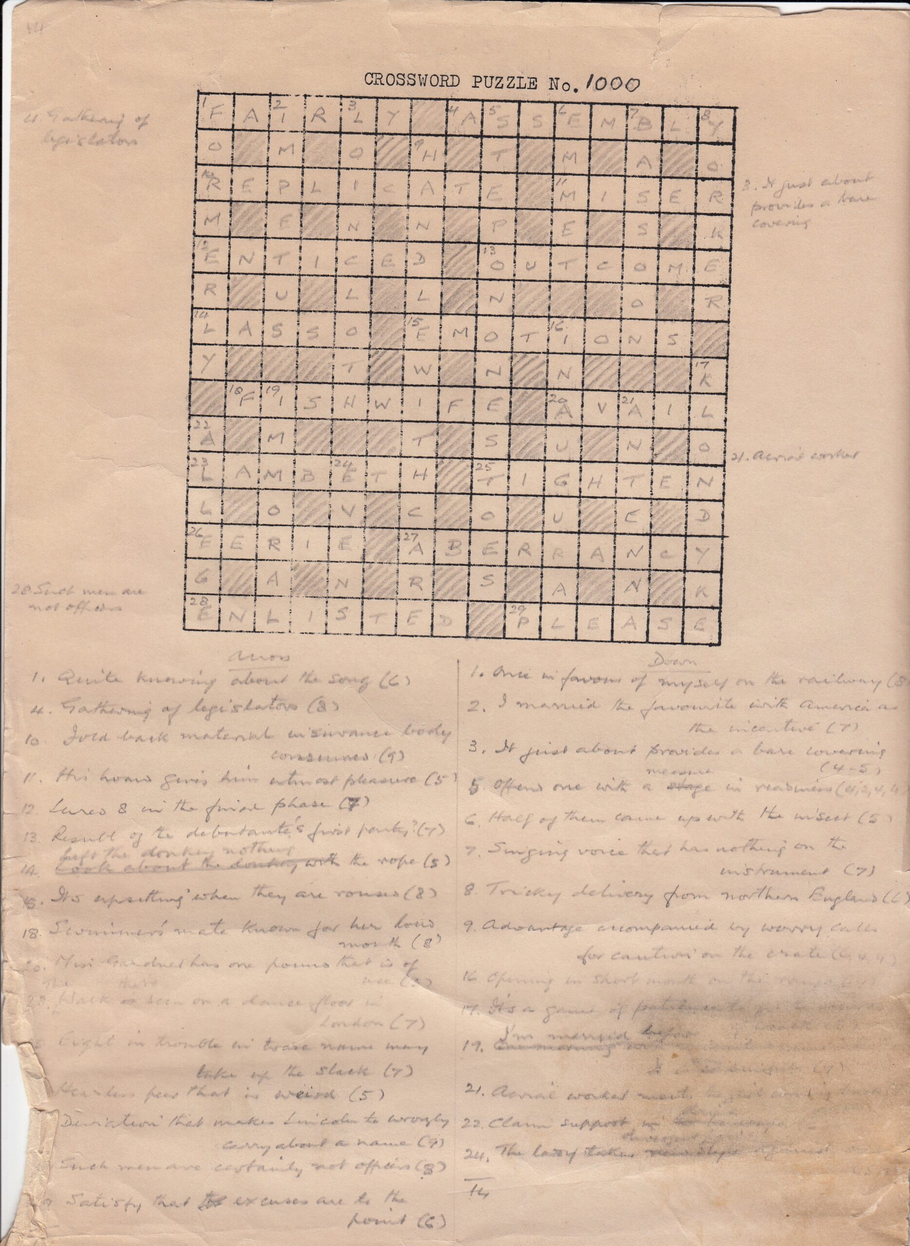 The Hindu Crossword 1000 October 17 1974 Crossword Unclued