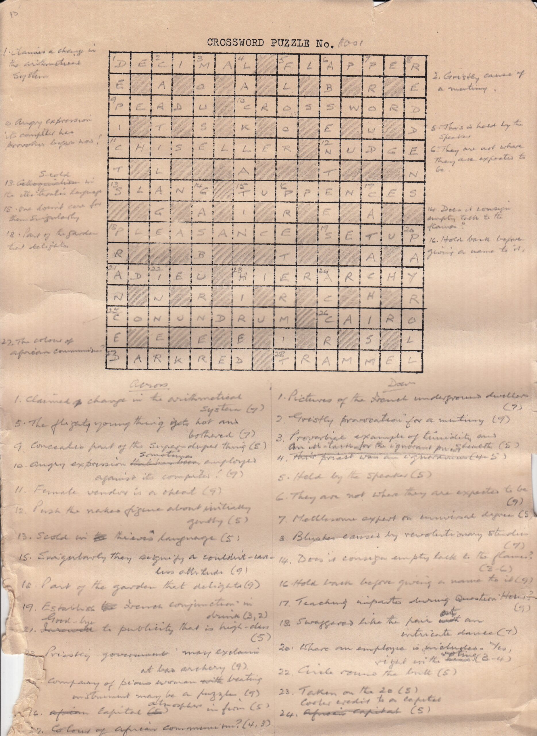 The Hindu Crossword 1001 October 19 1974 Crossword Unclued