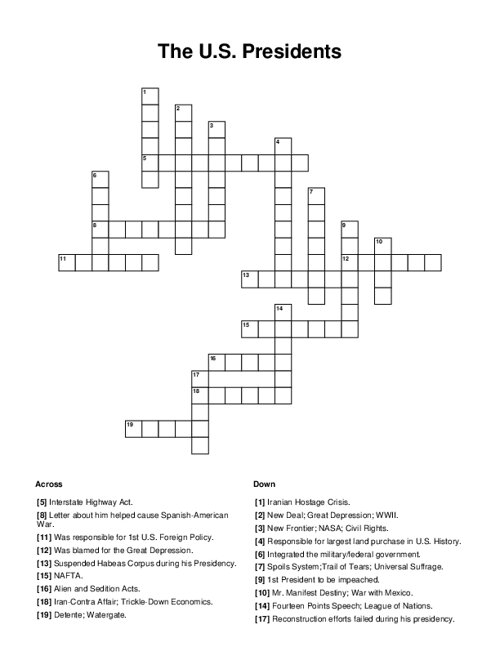 Us Presidents Crossword Puzzle Printable Printable Free Templates