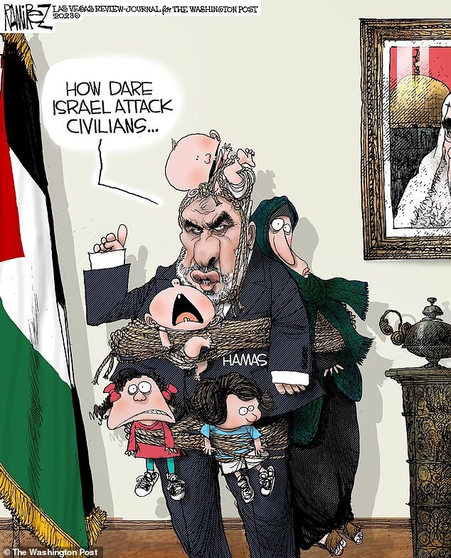 WaPo Takes Down Cartoon Depicting Hamas Terrorist Using Human Shields 