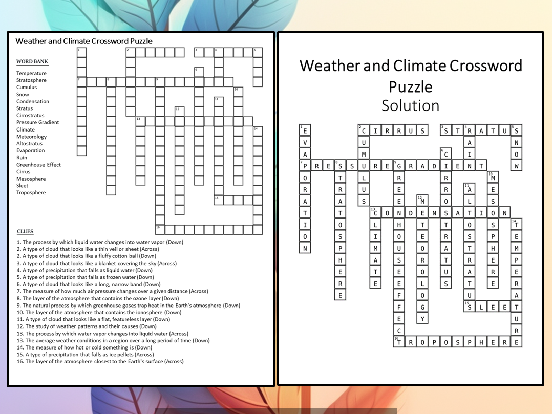 Weather And Climate Crossword Puzzle Worksheet Activity Teaching 