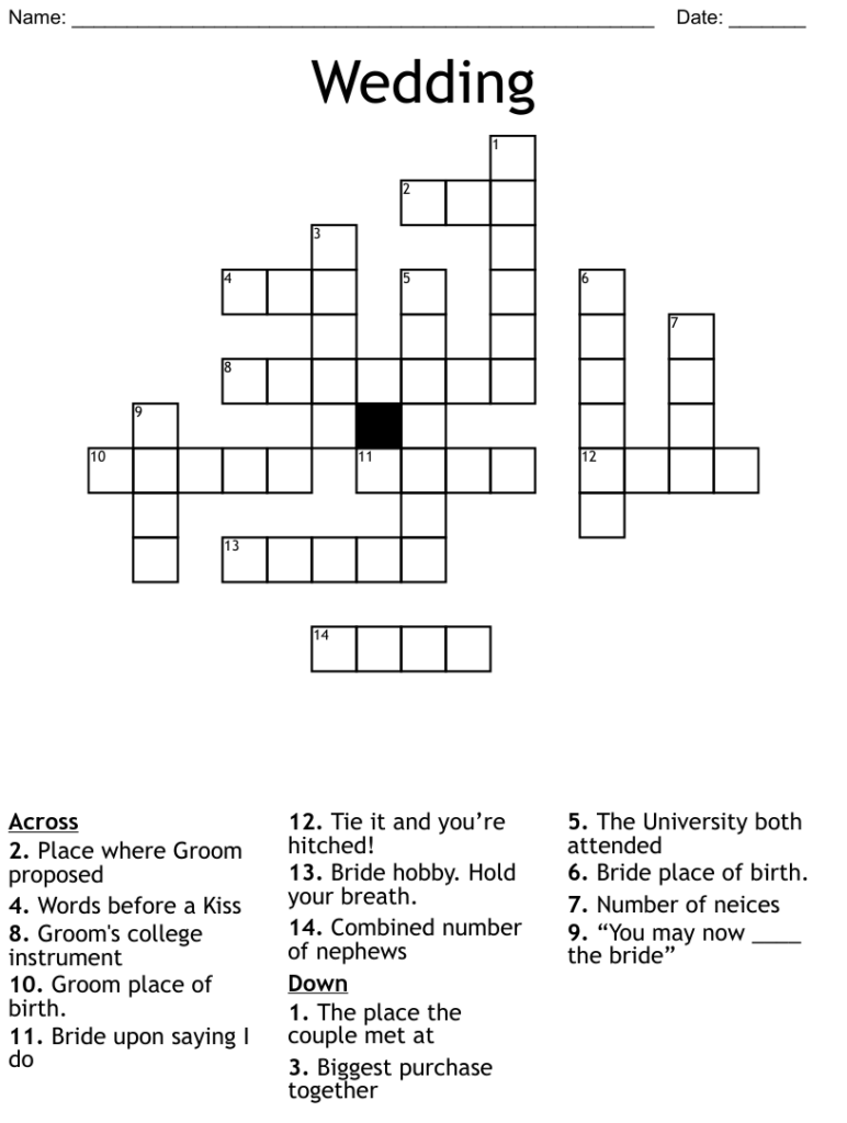 Wedding Crossword Puzzle Free Crossword Puzzles Printable