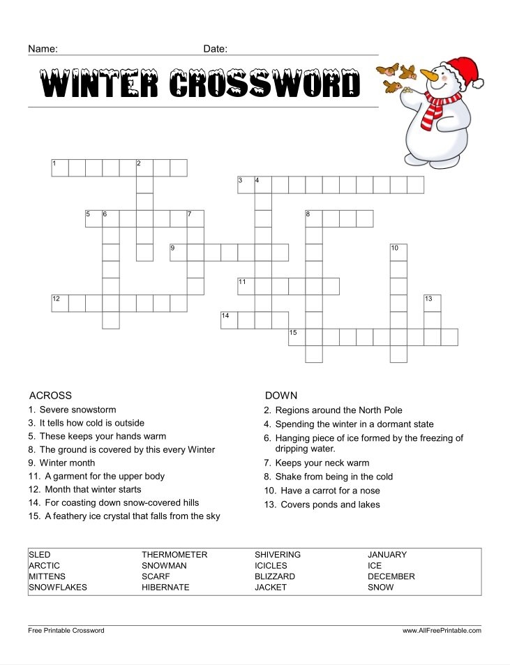 Winter Crossword Free Printable