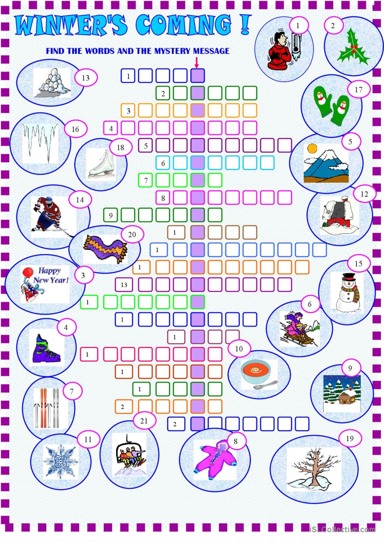 Winter Crossword Puzzle With KE English ESL Worksheets Pdf Doc