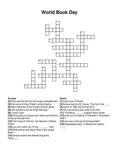 World Book Day Crossword Puzzle