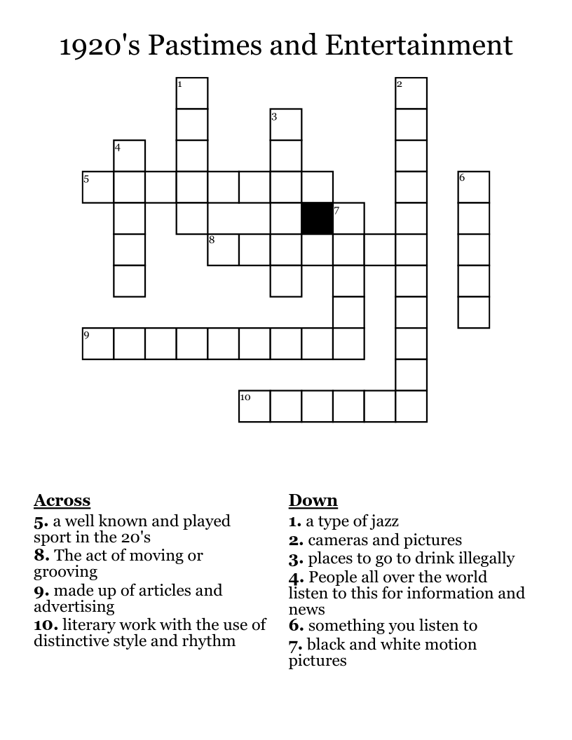 1920 s Pastimes And Entertainment Crossword WordMint