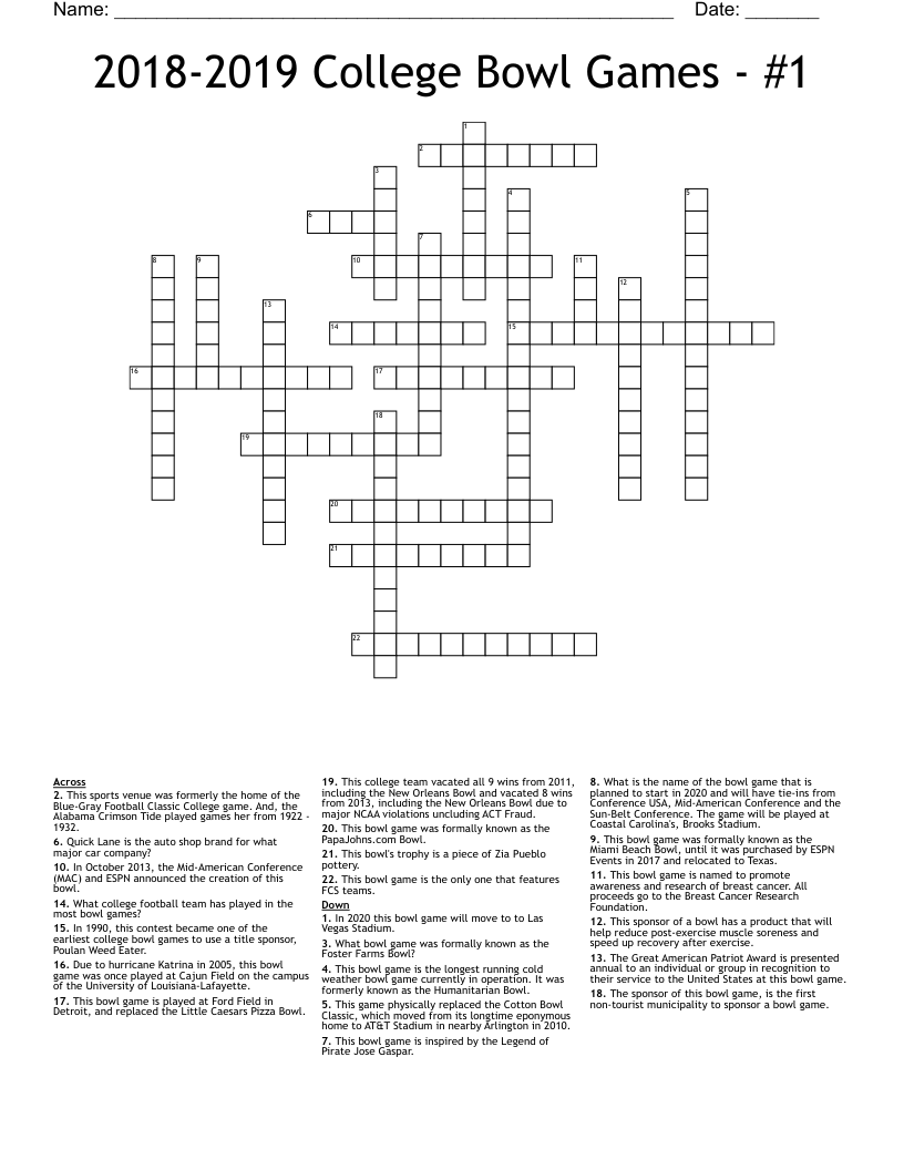 2018 2019 College Bowl Games 1 Crossword WordMint