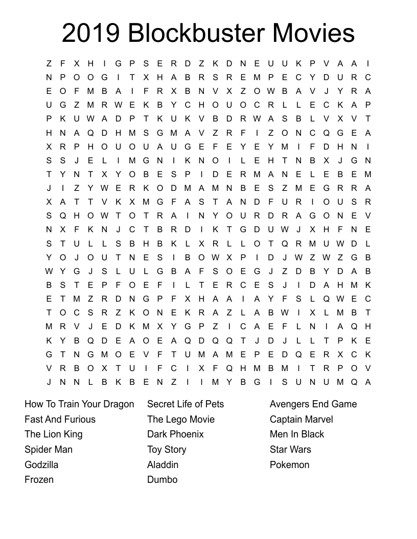 2019 Blockbuster Movies Word Search WordMint