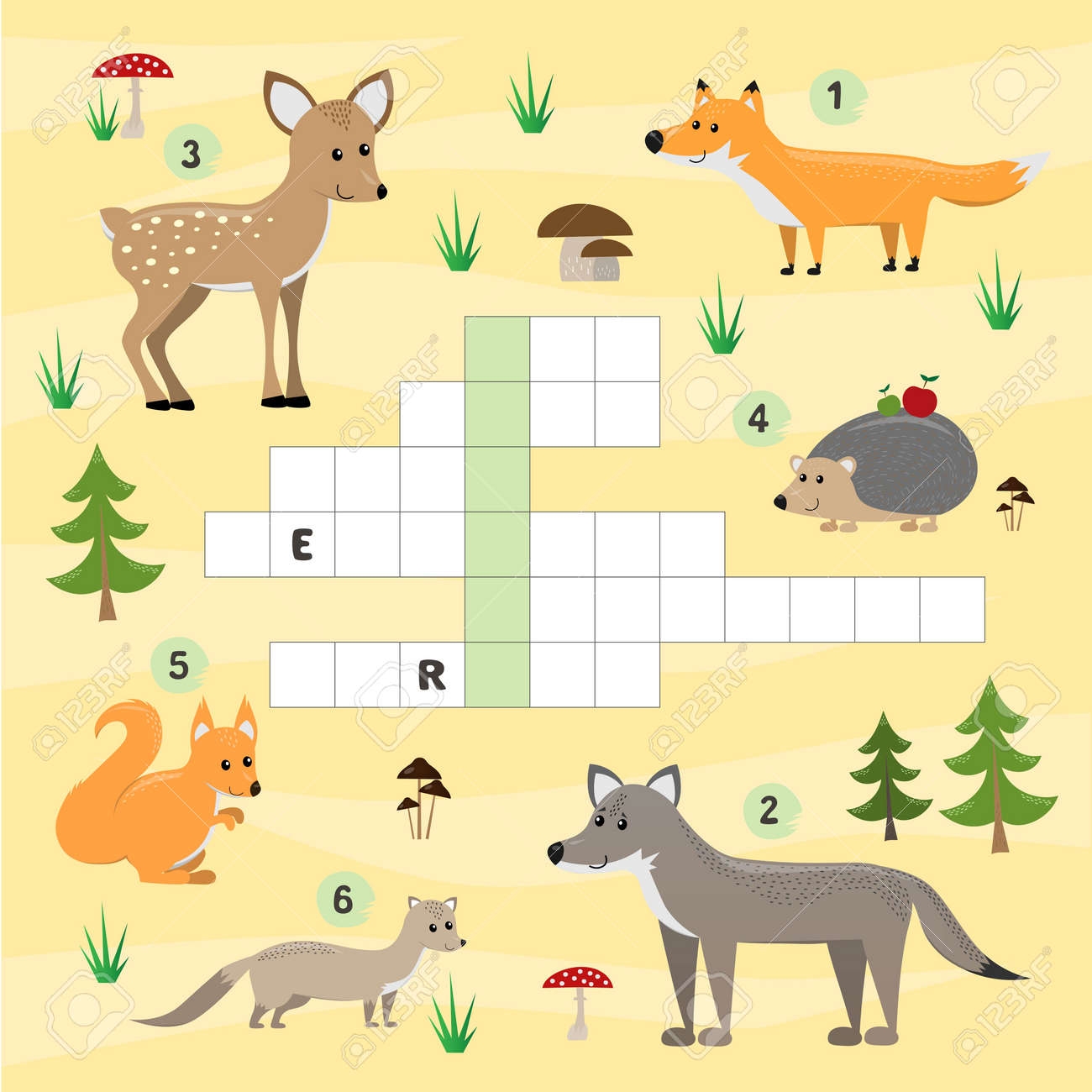 A Colorful Childrens Cartoon Crossword Game For Children Different Species Of Wild Animals Of Forest bear Fox Wolf Hedgehog Marten Deer Vector Illustration Royalty Free SVG Cliparts Vectors And Stock Illustration Image