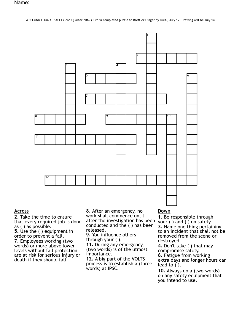 A SECOND LOOK AT SAFETY 2nd Quarter 2016 Turn In Completed Puzzle 