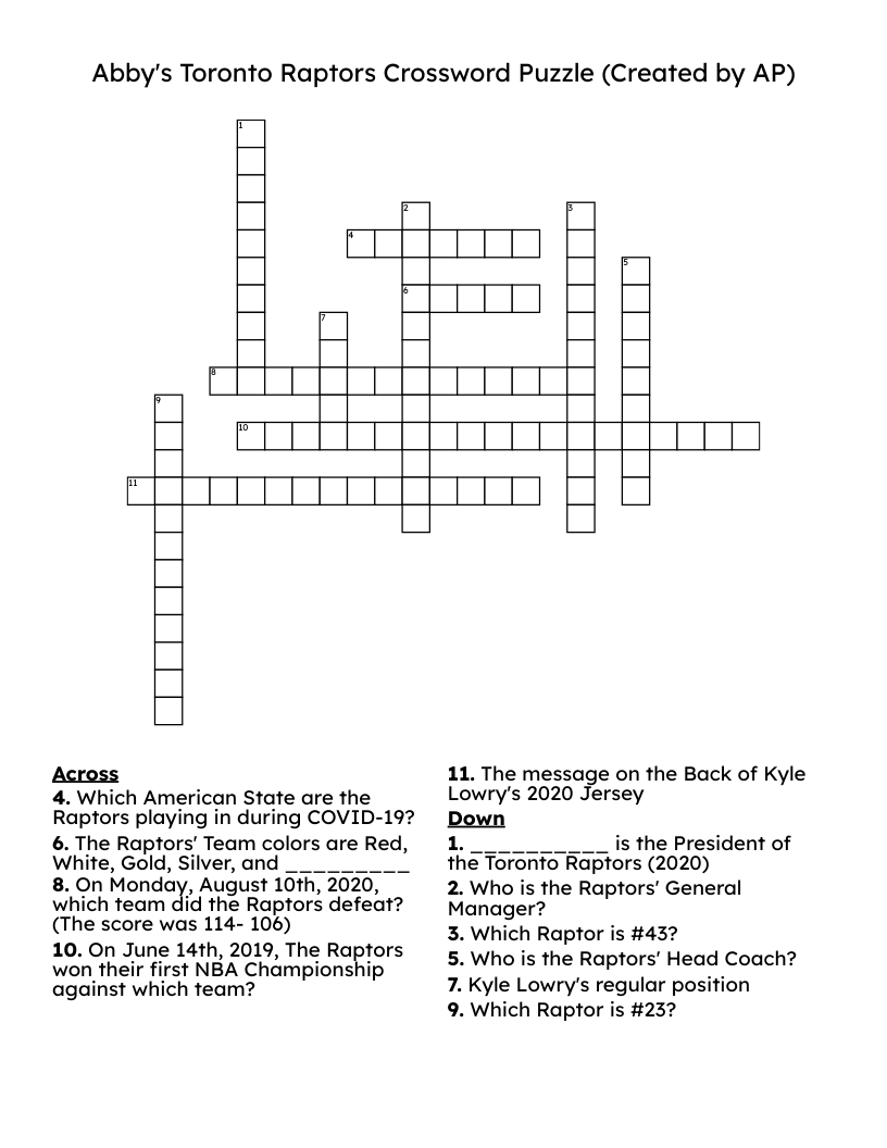 Abby s Toronto Raptors Crossword Puzzle Created By AP WordMint