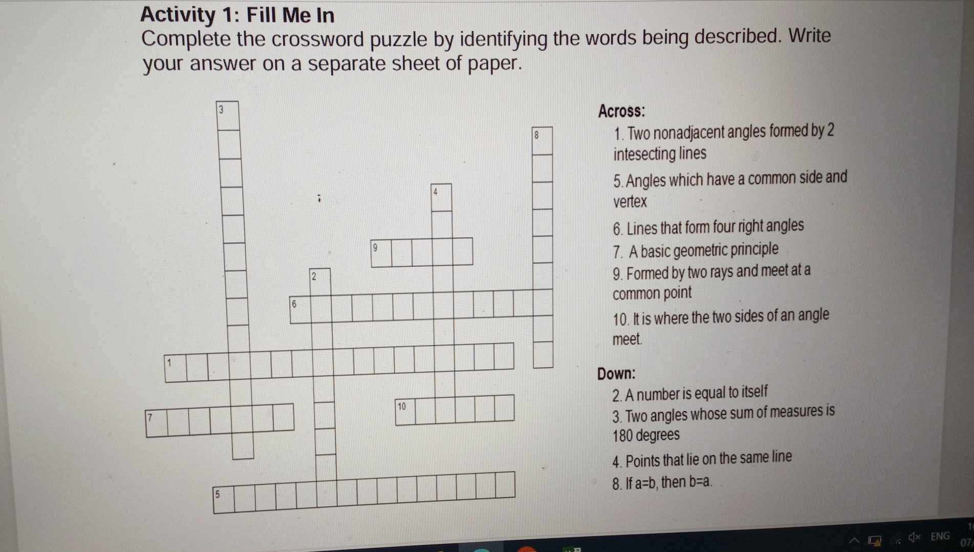 Activity 1 Fill Me In Complete The Crossword StudyX