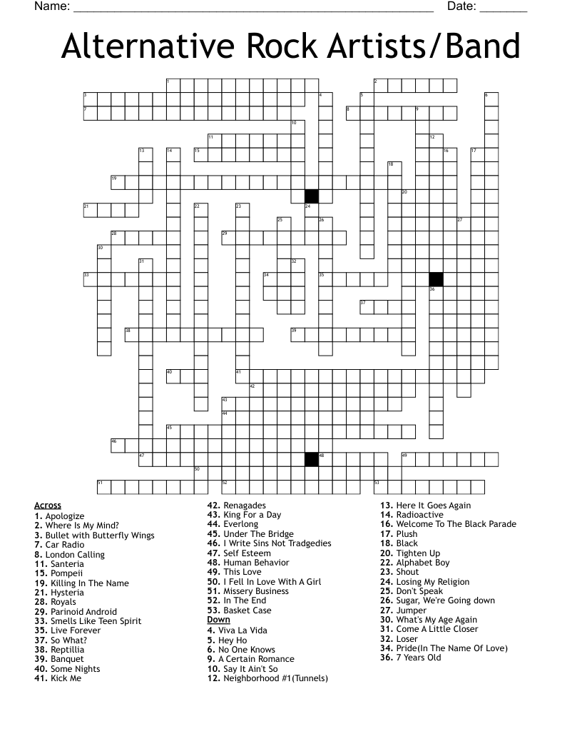 Alternative Rock Artists Band Crossword WordMint