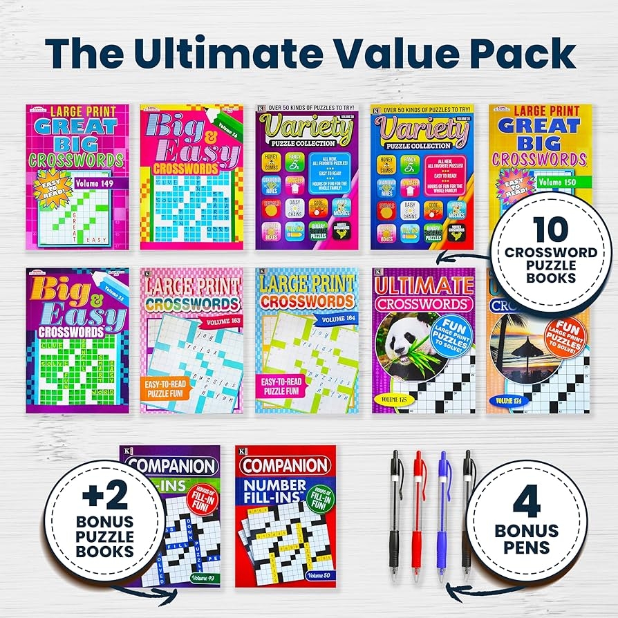 Amazon 10 Pack Large Print Crossword Puzzles For Seniors Plus 2 Fill In Puzzle Books And 4 Pens Big Bold Easy to Read Perfect Brain Stimulation Elderly Games For Retirement Hospital Activities 8 X 10 