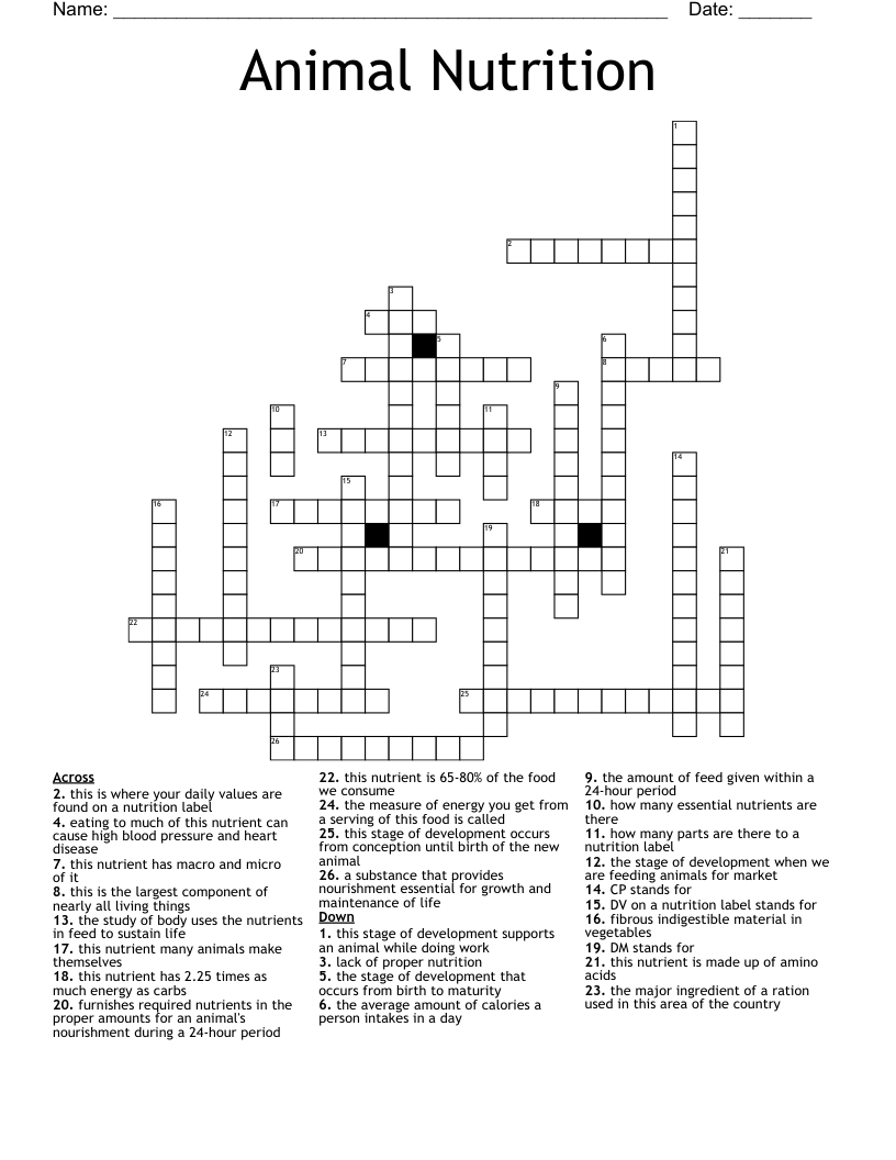 Animal Nutrition Crossword WordMint