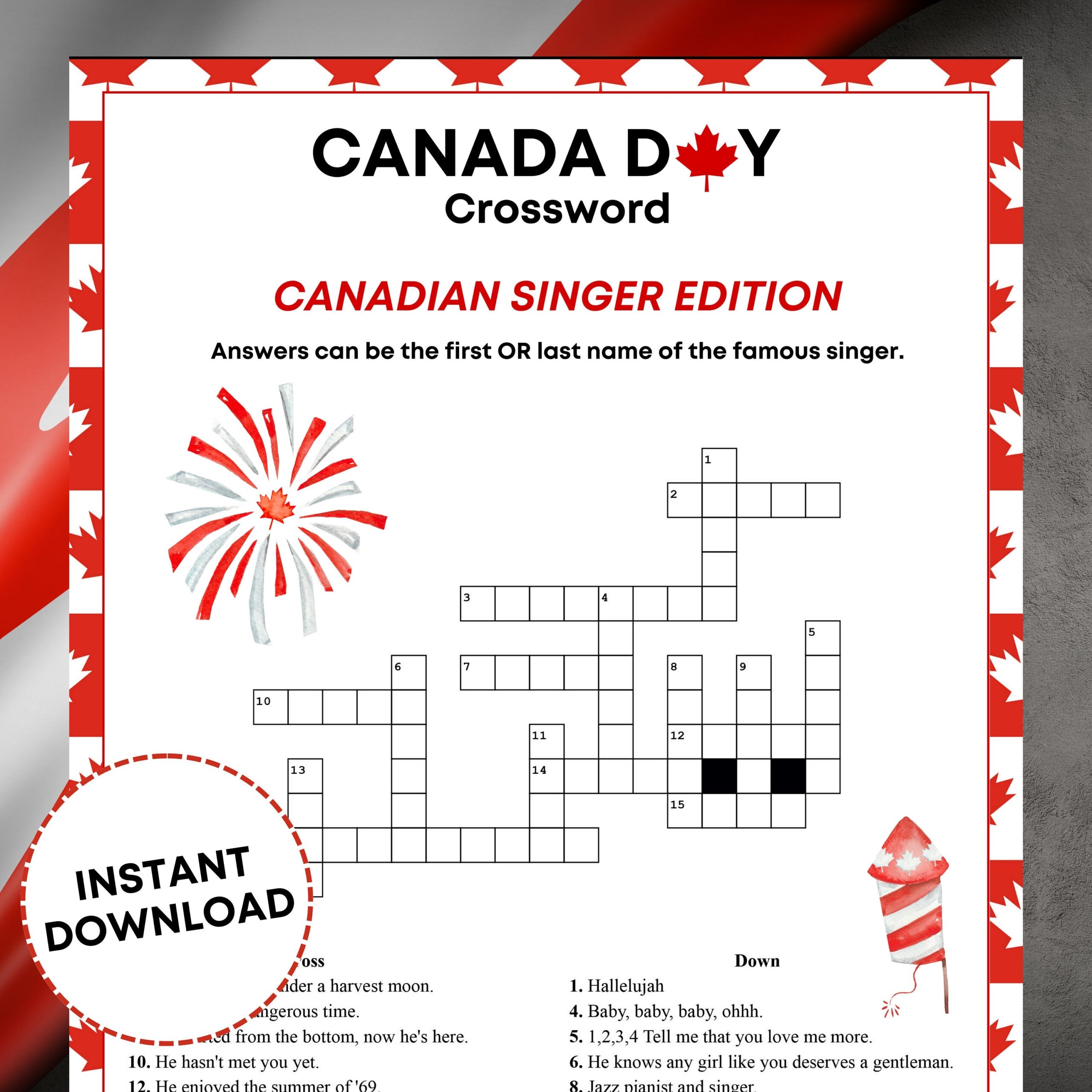 Canada Day Crossword Puzzle Printable Game Singer Crossword Printable Canada Day Game Canadian Singers Canada Day Activity Drake Etsy